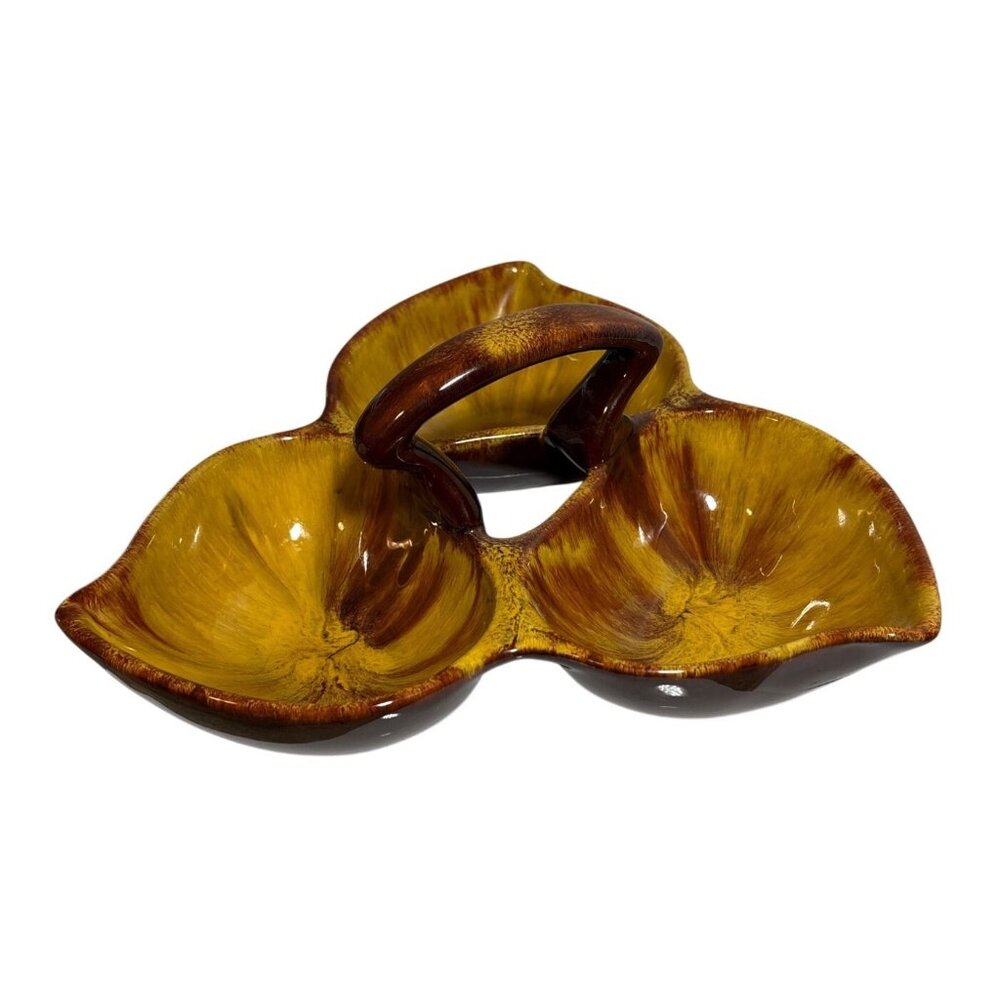 Blue Mountain Pottery Divided Dish Harvest Gold Nuts Condiments Candy Handle MCM
